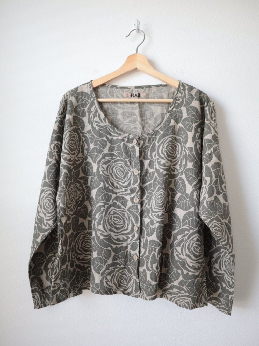 FLAX Army Green Linen Button Front Rose Blouse | S